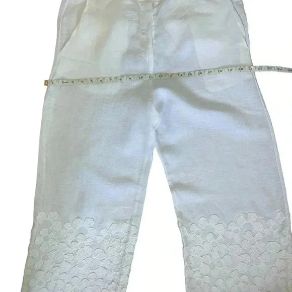 LaFabbricadeilino 100% Linen white floral derail pants size M Italy made Boho - Picture 4 of 12